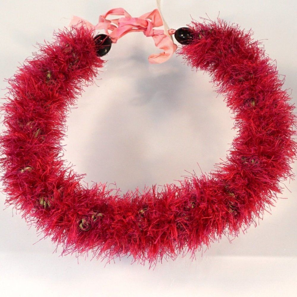 Akulikuli Koa Lei Magenta Eyelash Yarn Tie-Ribbon With Faux Kukui Nut 26"